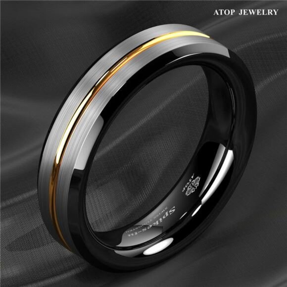 Mens Wedding Band 6mm Silver Brushed Black Edge Gold Line - Rings - Picture 4 of 5